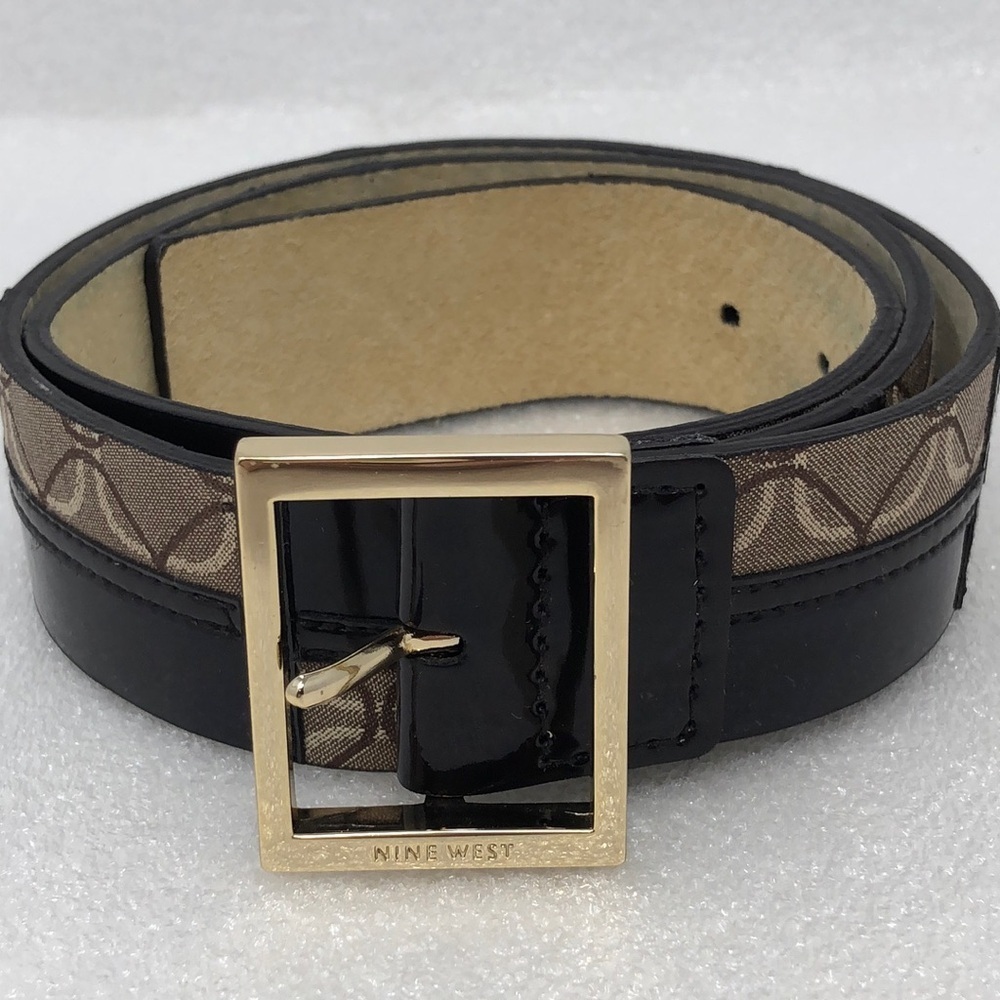 Nine West Belt Patchwork Brown Size Medium Square Gold Tone Buckle - Picture 2 of 13
